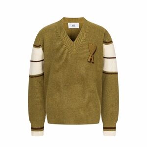 Ami Khaki V-Neck Sweater with Logo